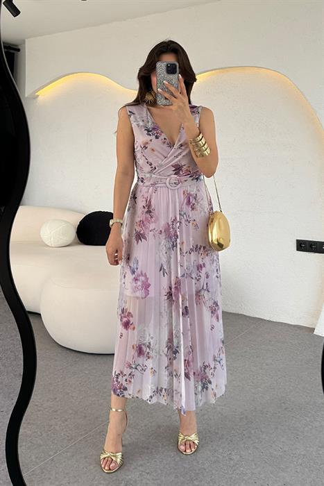 Modena Kemer Detaylı Piliseli Çiçekli  Elbise 