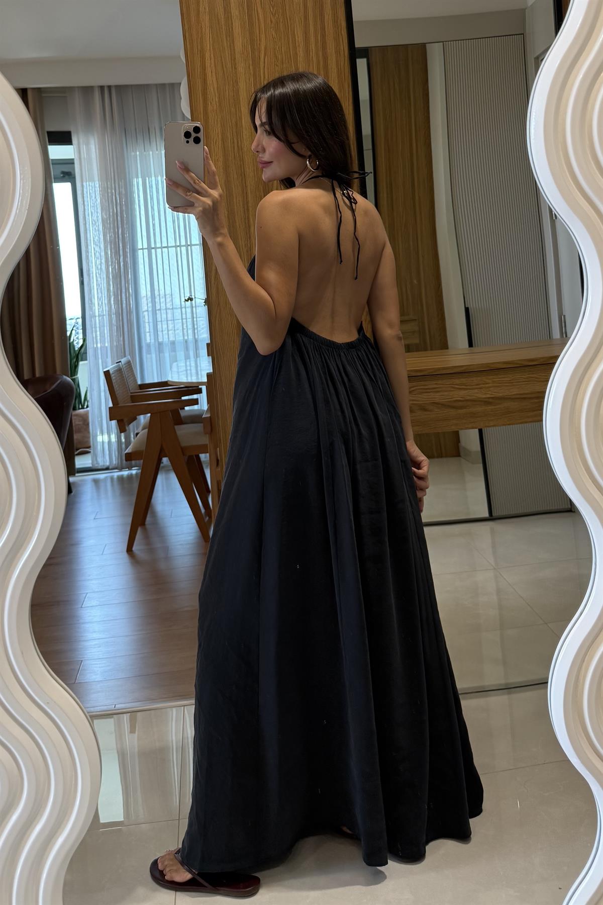 Mohan Siyah Tensel Sırt Dekolteli Elbise