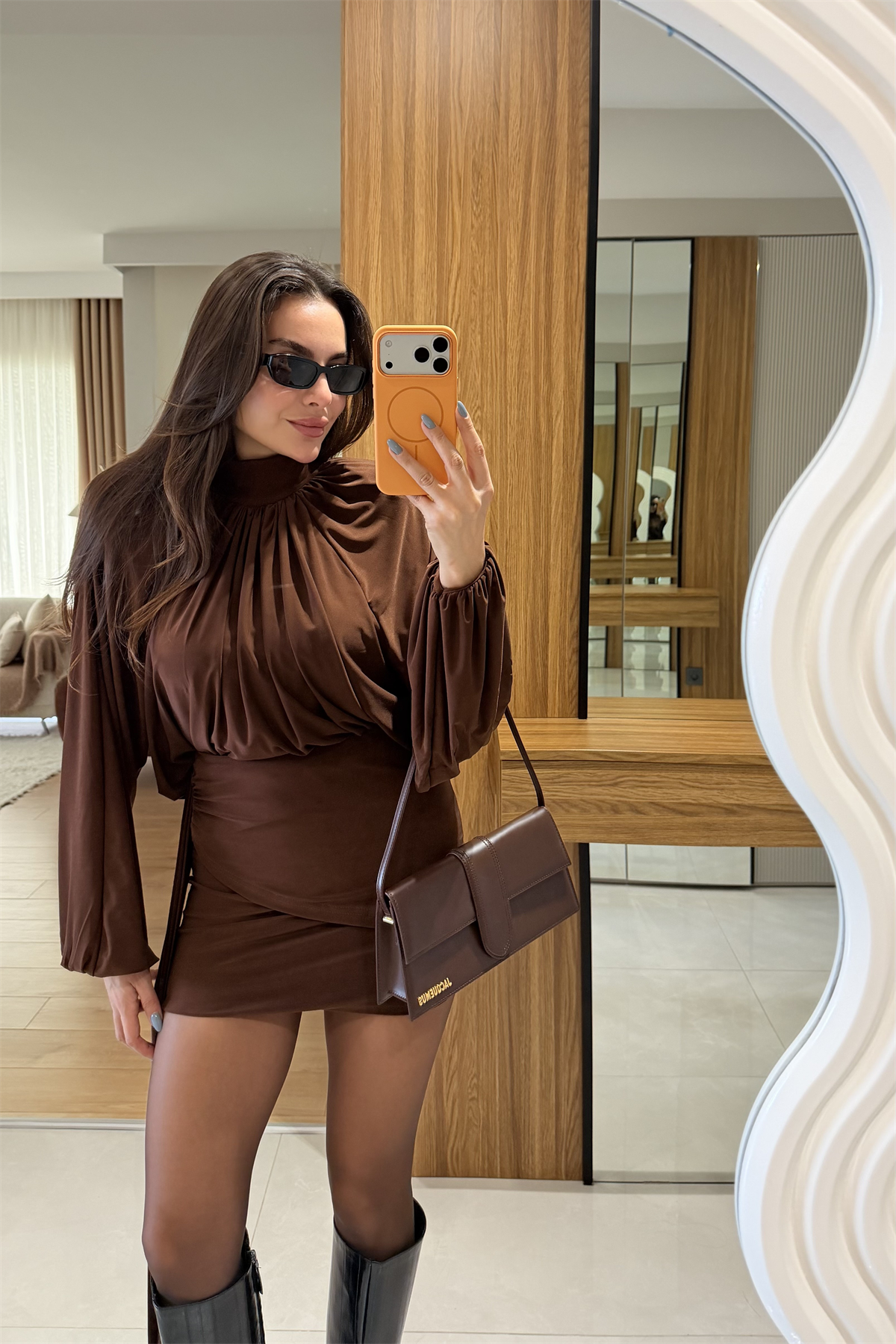Moira Açık Kahve İkili Parça Dökümlü Elbise