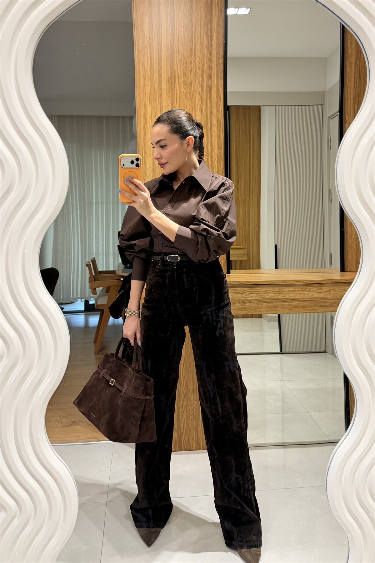 Moise Kahve Denim Flok Baskılı Kemerli Jean