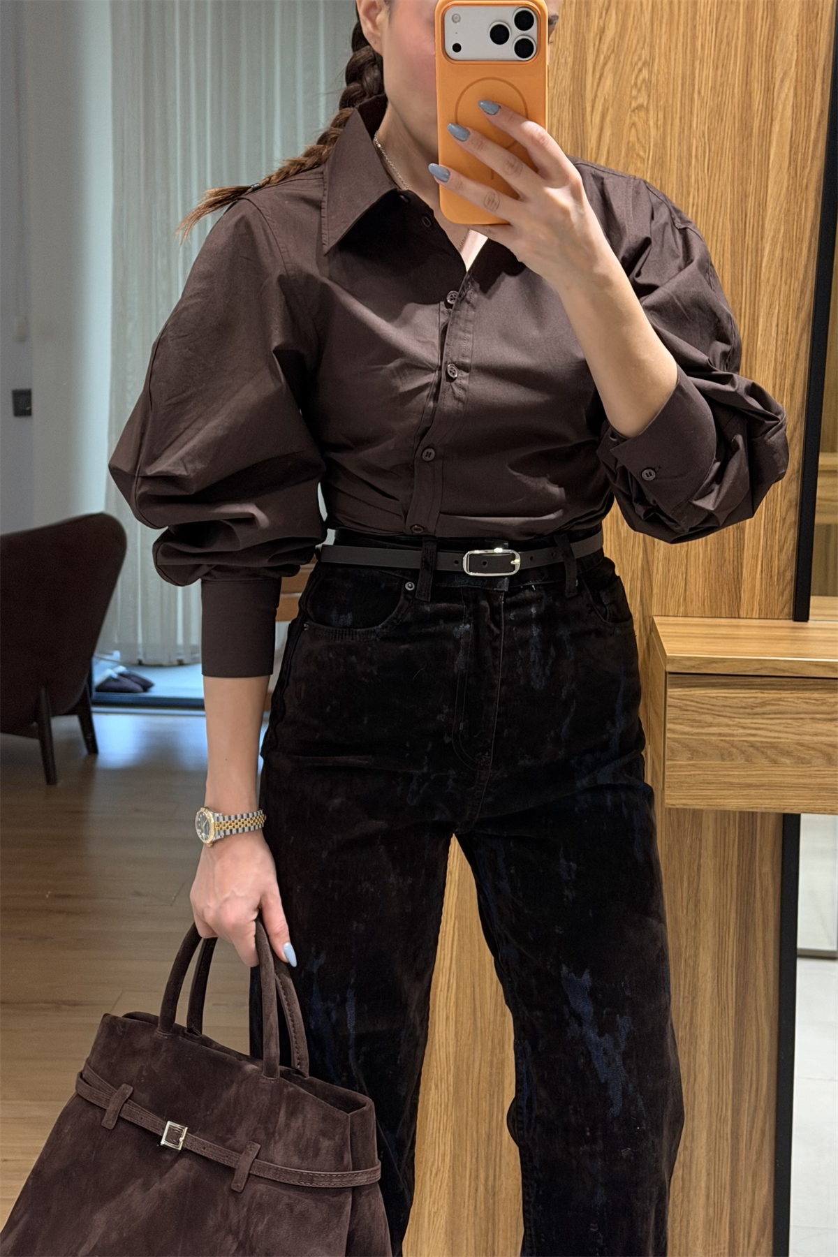 Moise Kahve Denim Flok Baskılı Kemerli Jean