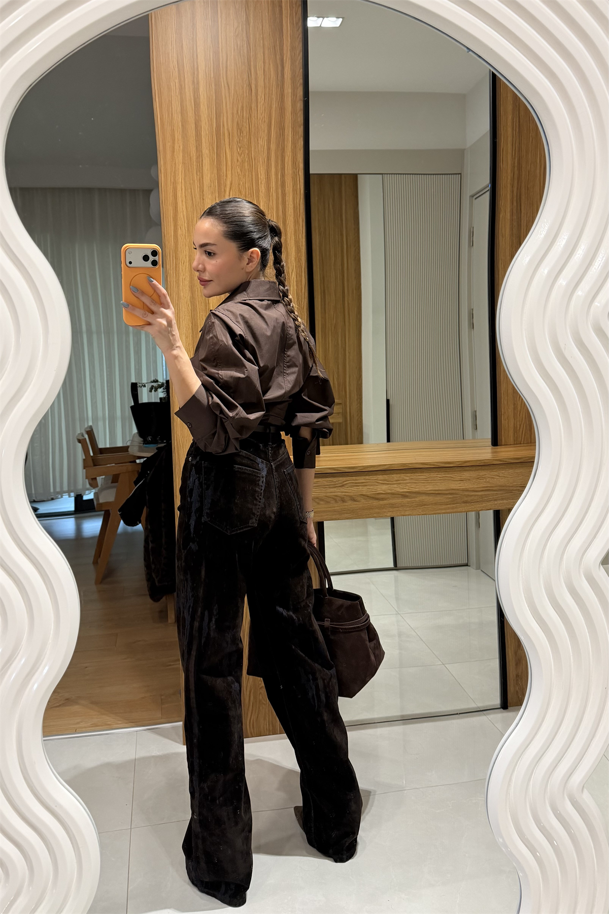 Moise Kahve Denim Flok Baskılı Kemerli Jean