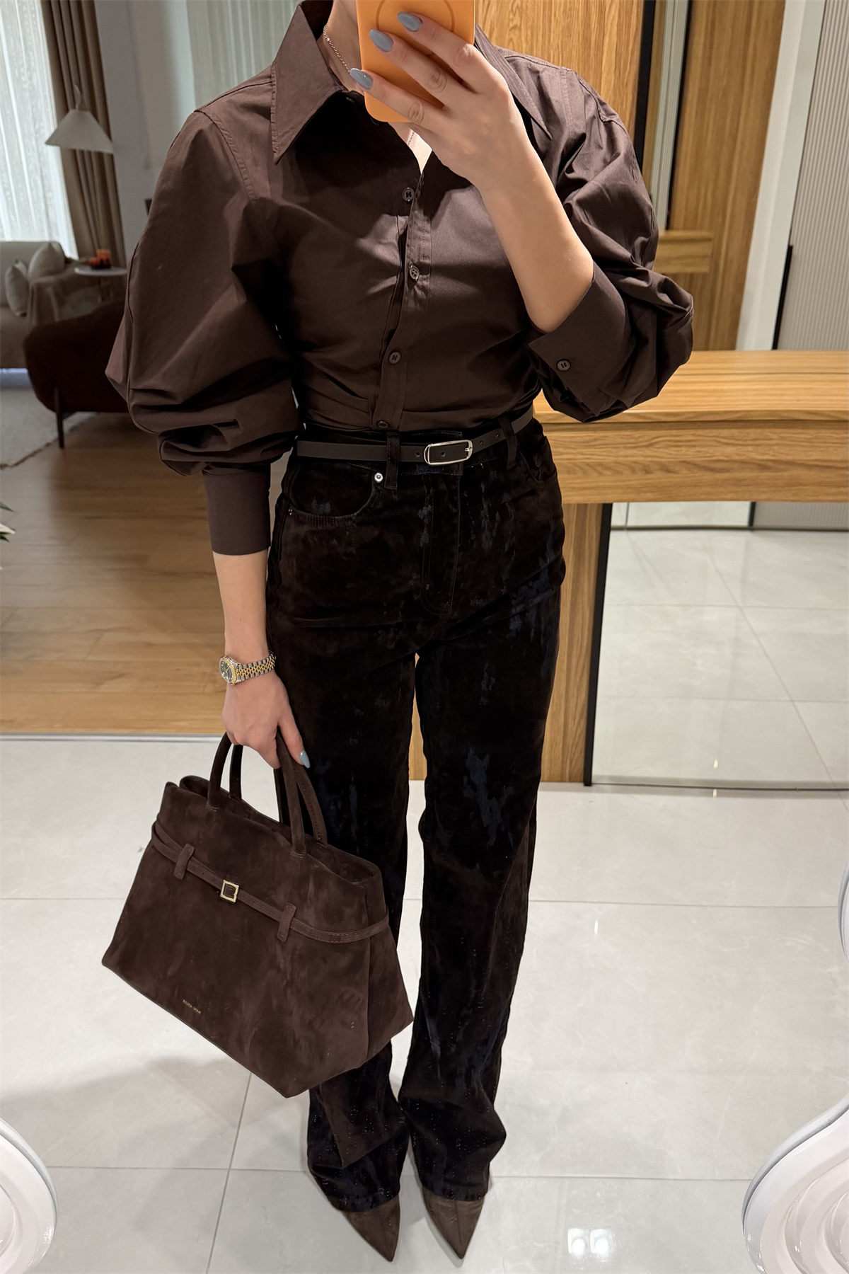 Moise Kahve Denim Flok Baskılı Kemerli Jean