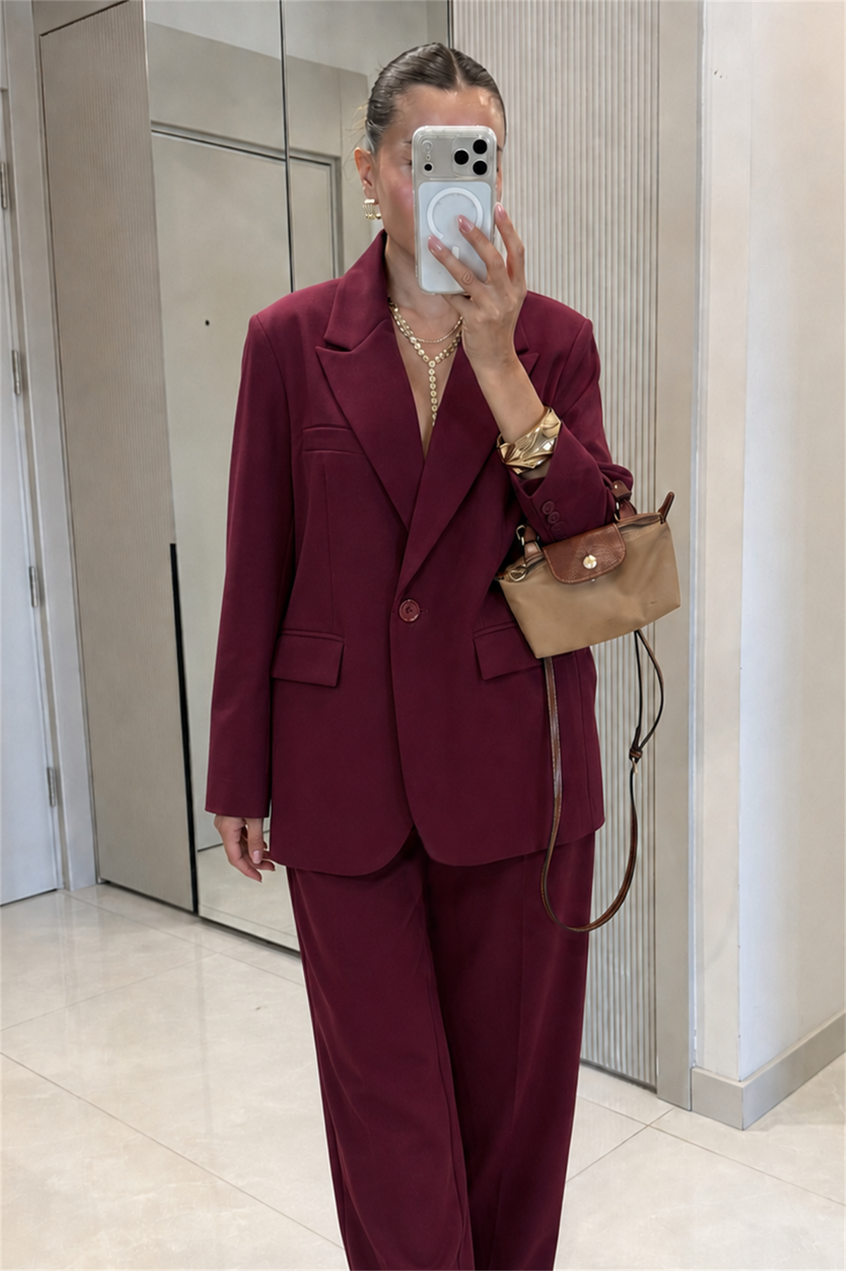 Moka Bordo Oversize Blazer & Palazzo Pantolon Takım