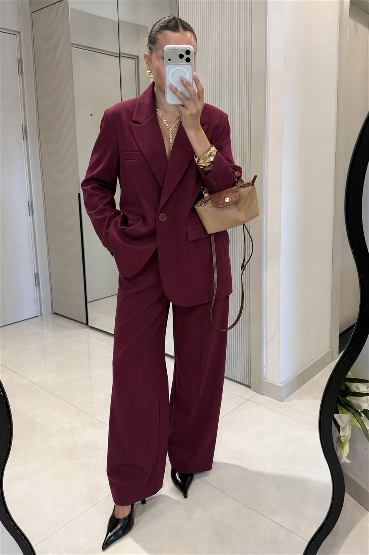 Moka Bordo Oversize Blazer & Palazzo Pantolon Takım