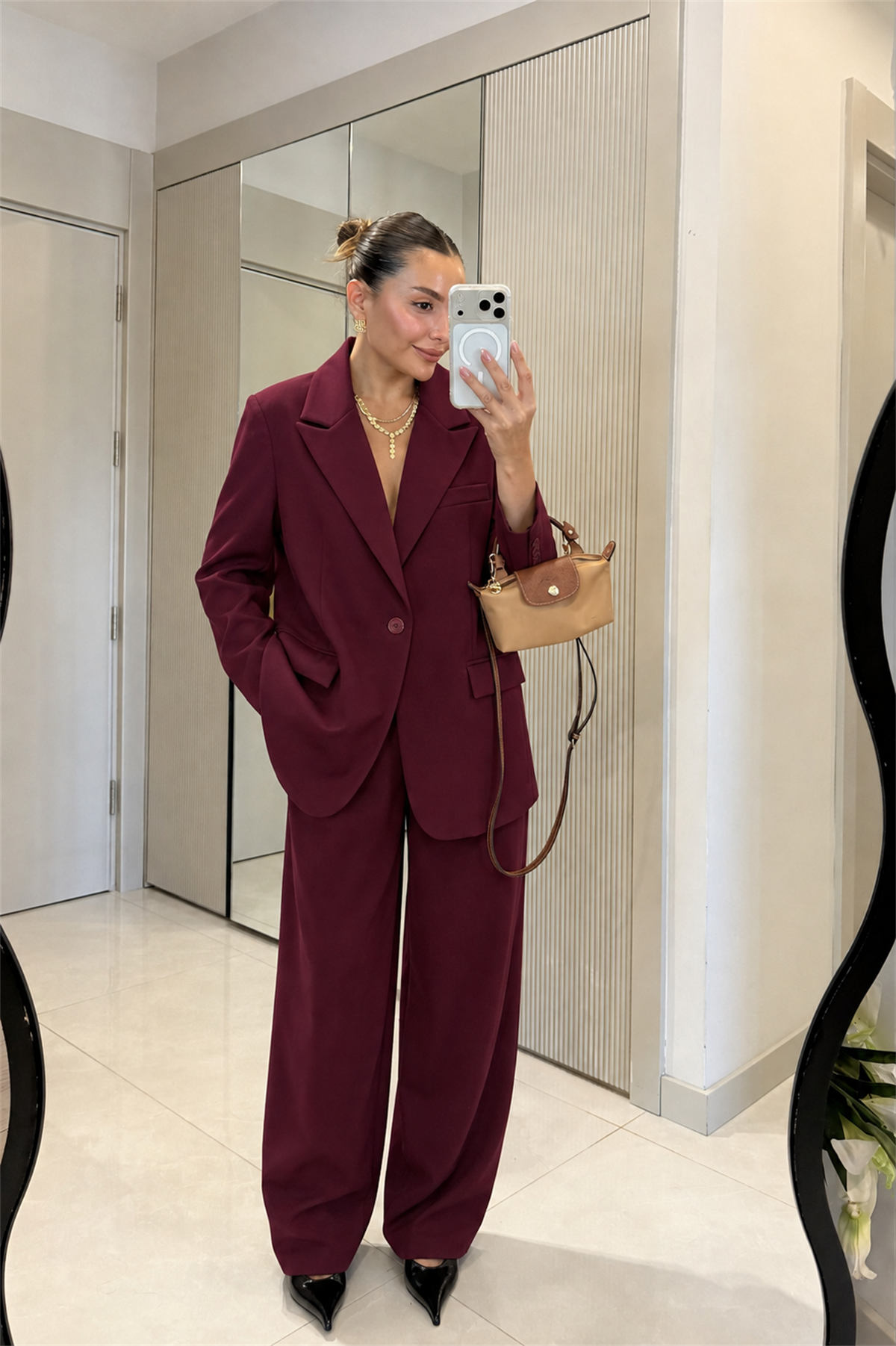 Moka Bordo Oversize Blazer & Palazzo Pantolon Takım