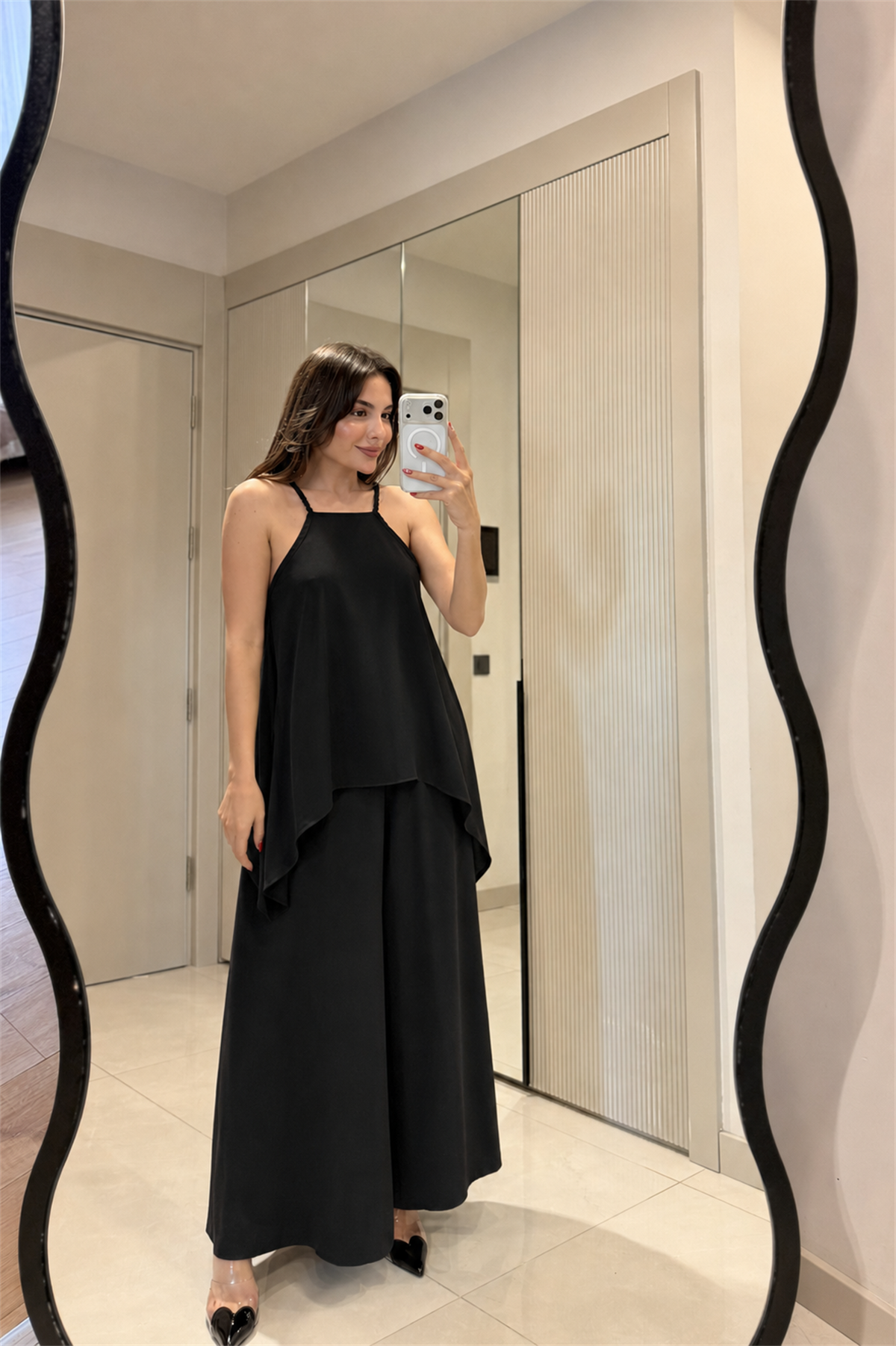 Molane Siyah Deri Askılı Tasarım Tulum
