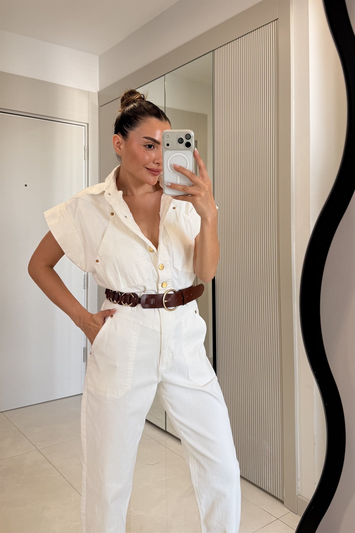 Monaco Beyaz Gabardin Kot Tulum