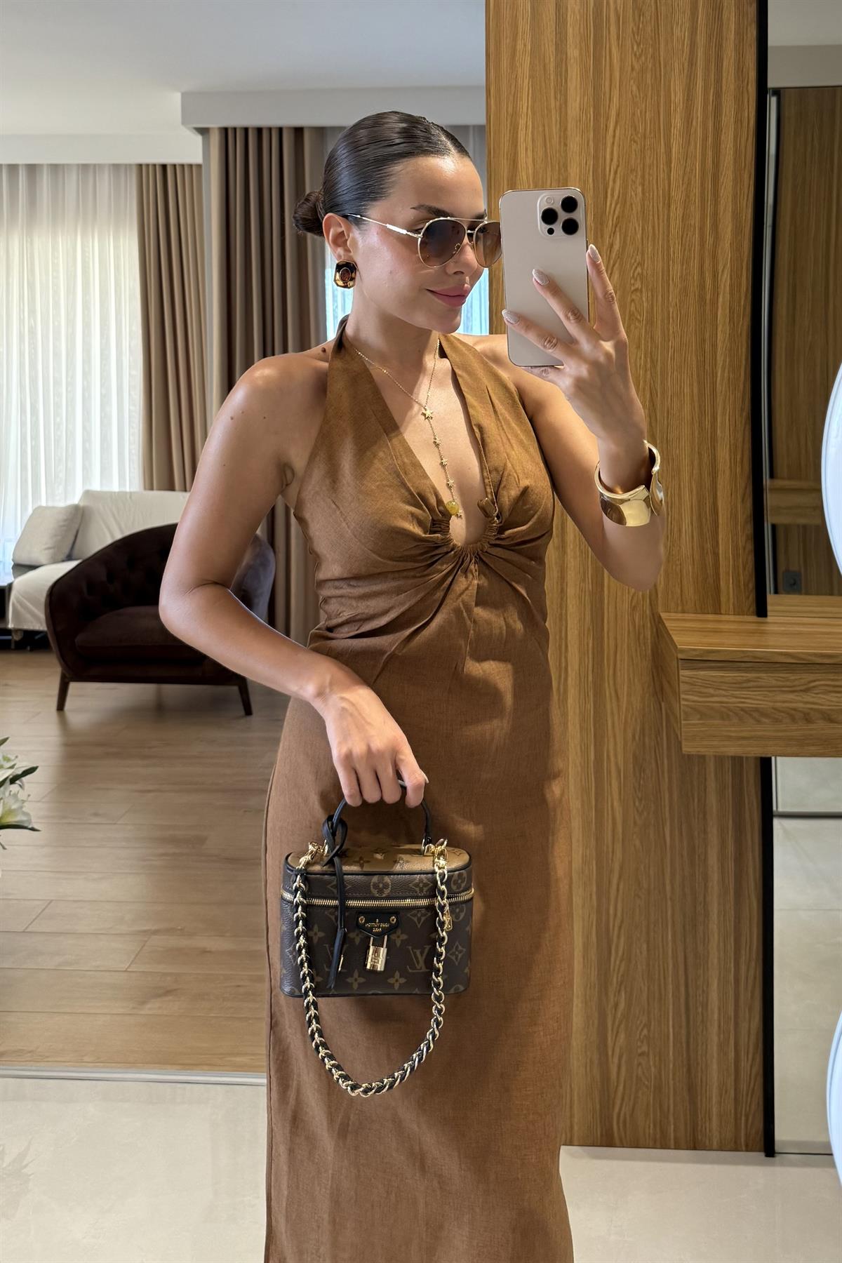 Monaco Tarçın Keten Tokalı Elbise 