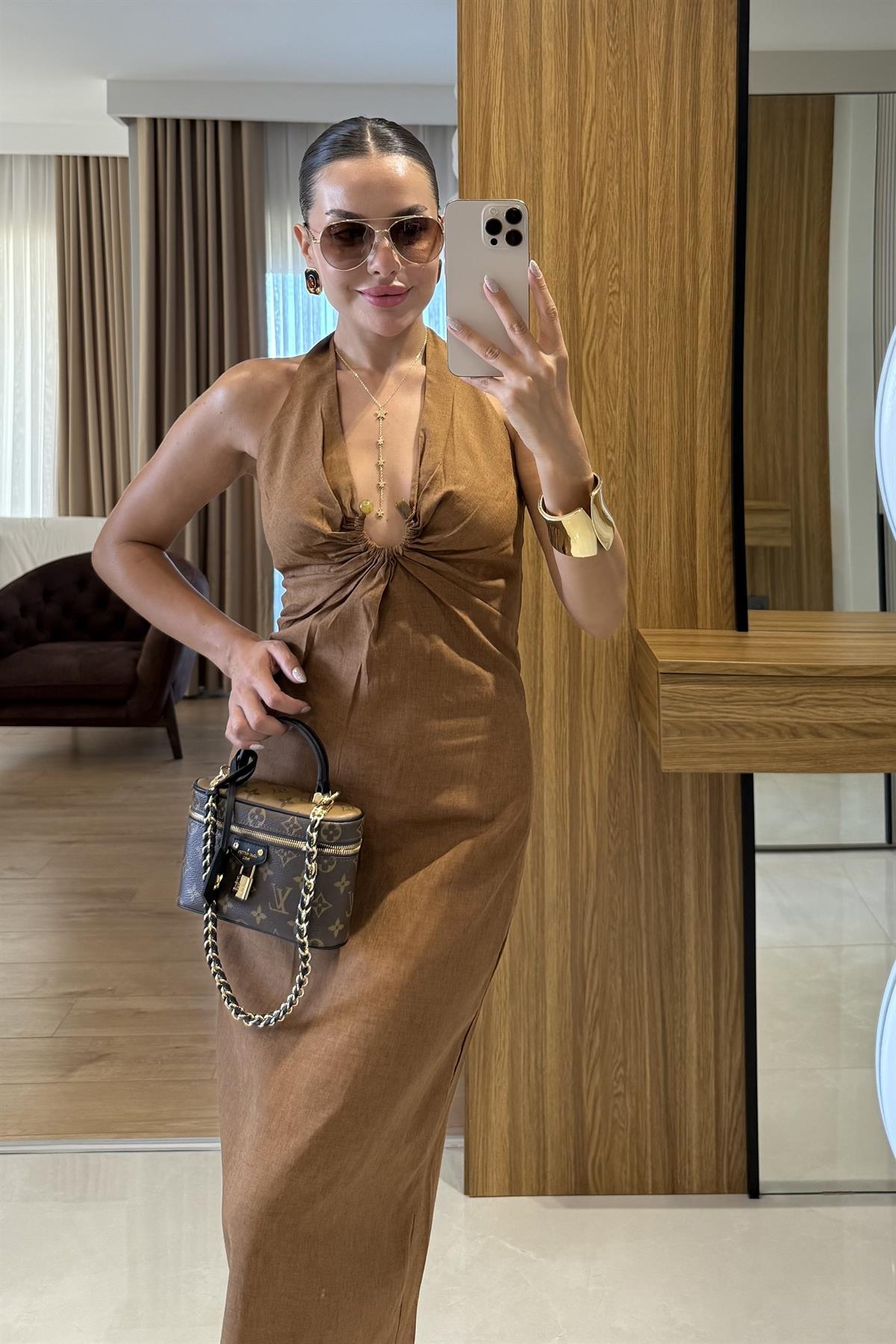 Monaco Tarçın Keten Tokalı Elbise 