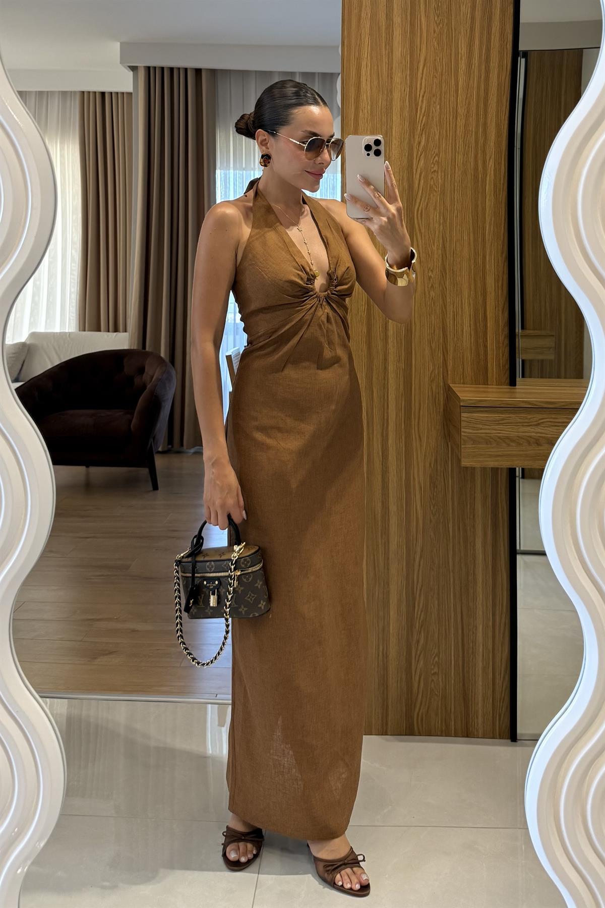 Monaco Tarçın Keten Tokalı Elbise 