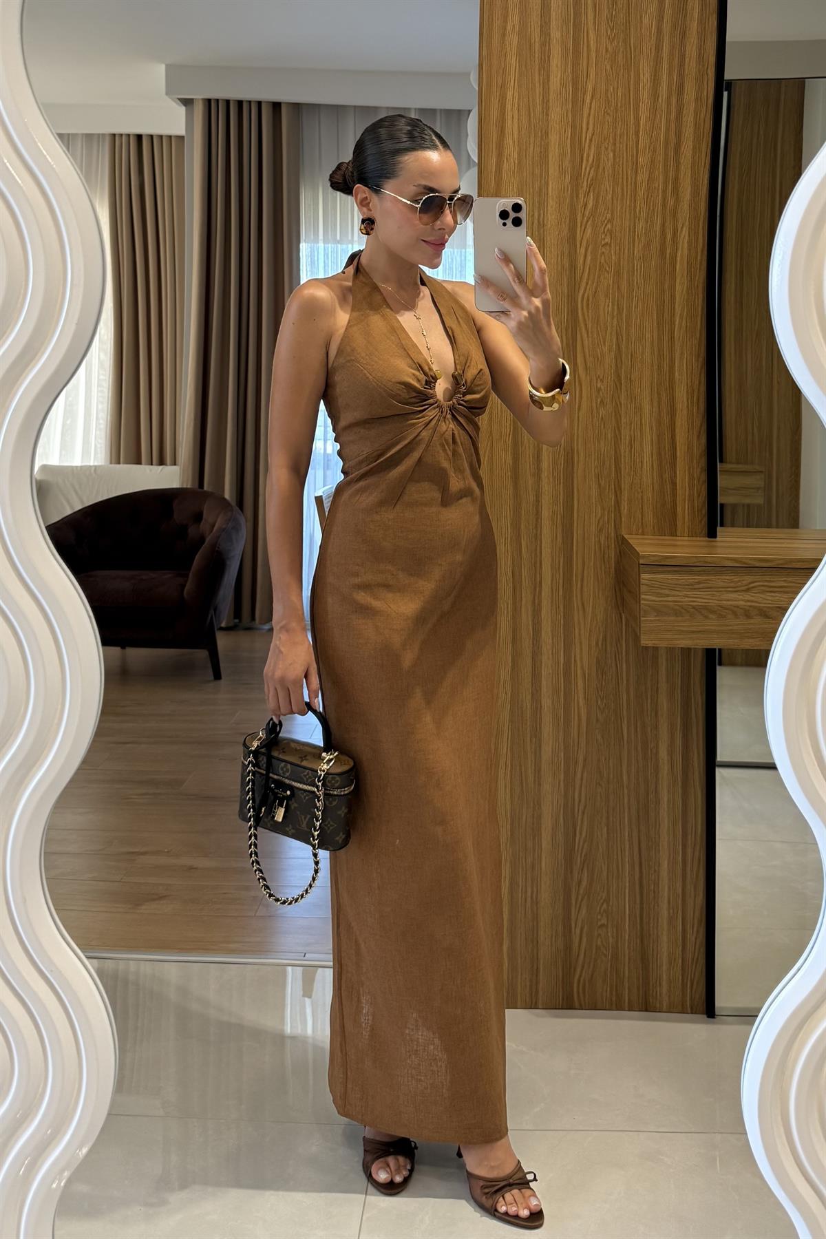 Monaco Tarçın Keten Tokalı Elbise 