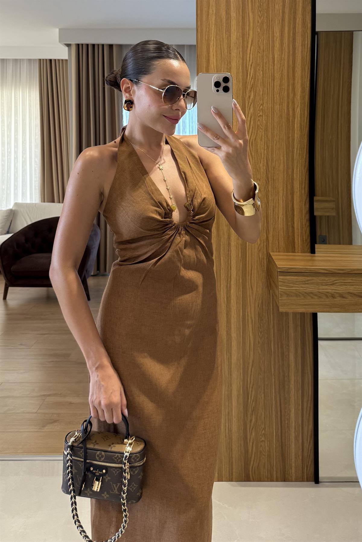 Monaco Tarçın Keten Tokalı Elbise 