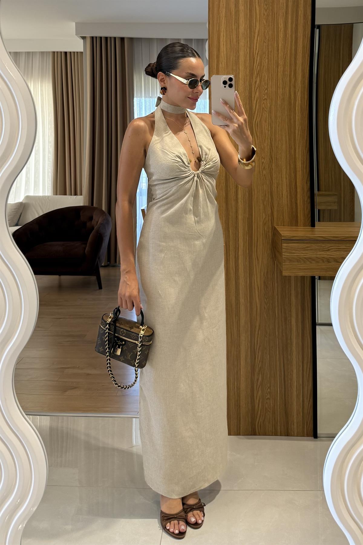 Monaco Taş Keten Tokalı Elbise 