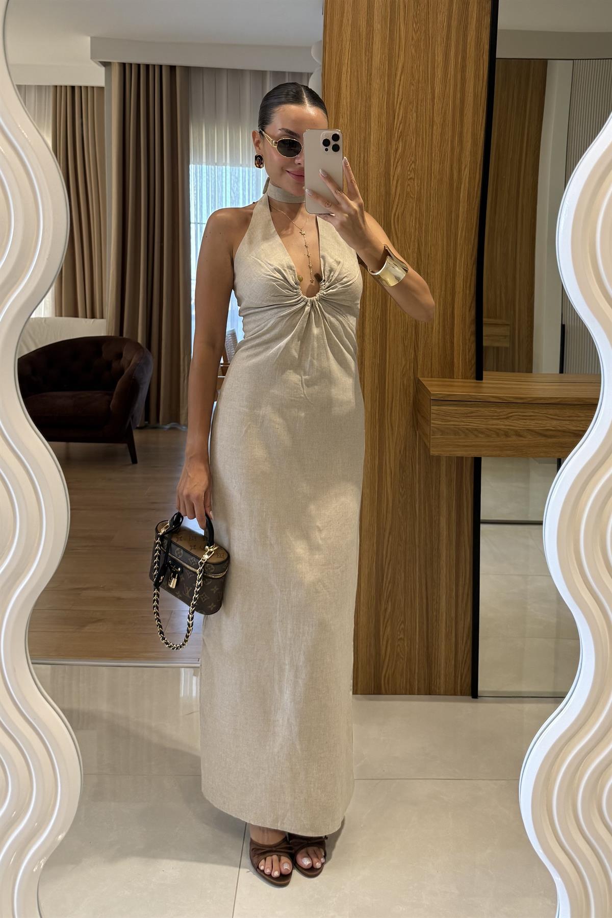 Monaco Taş Keten Tokalı Elbise 