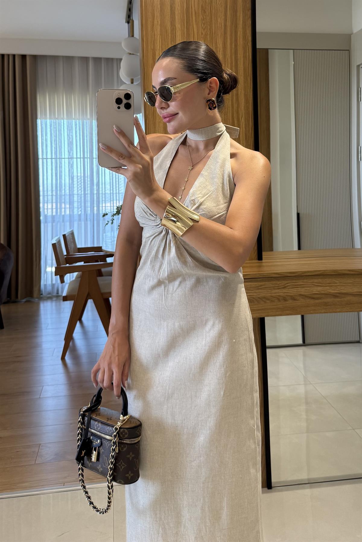 Monaco Taş Keten Tokalı Elbise 