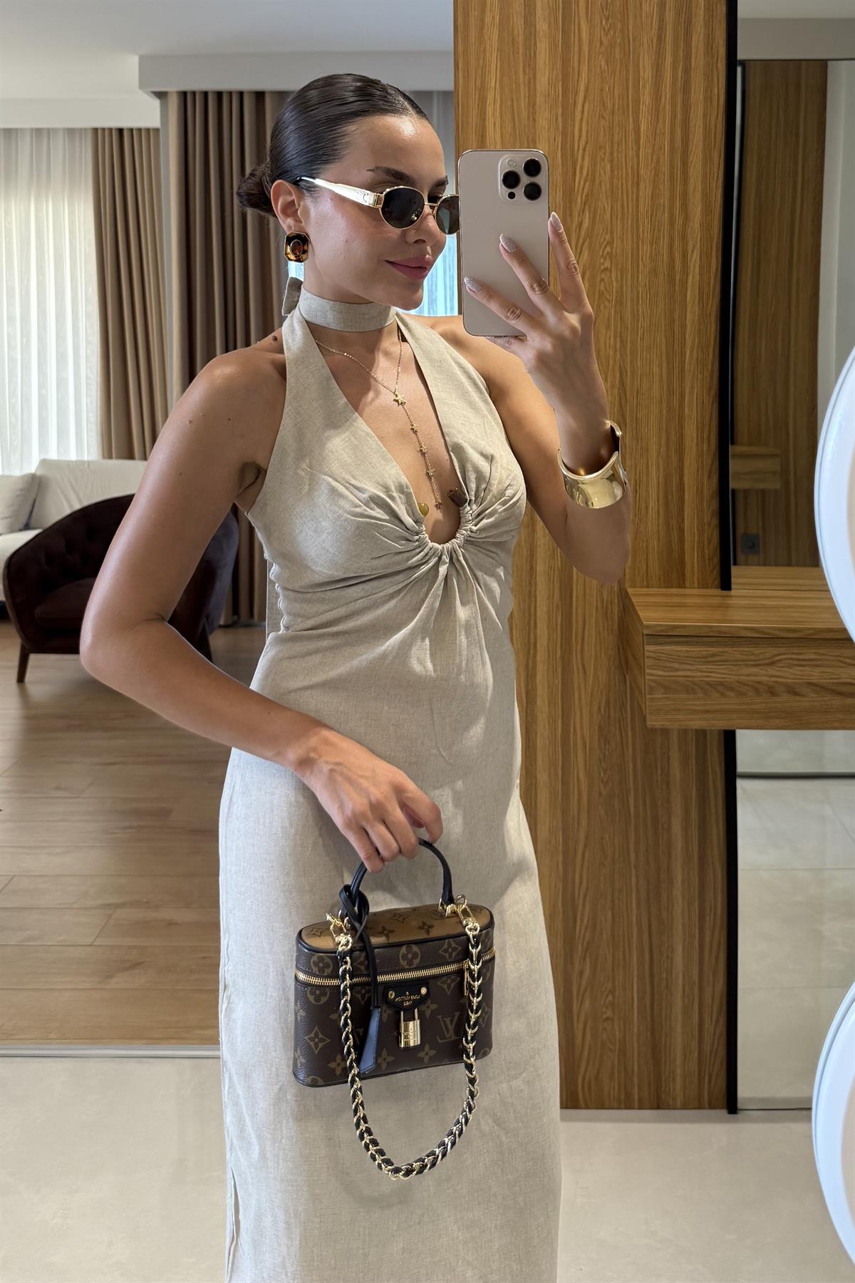 Monaco Taş Keten Tokalı Elbise 