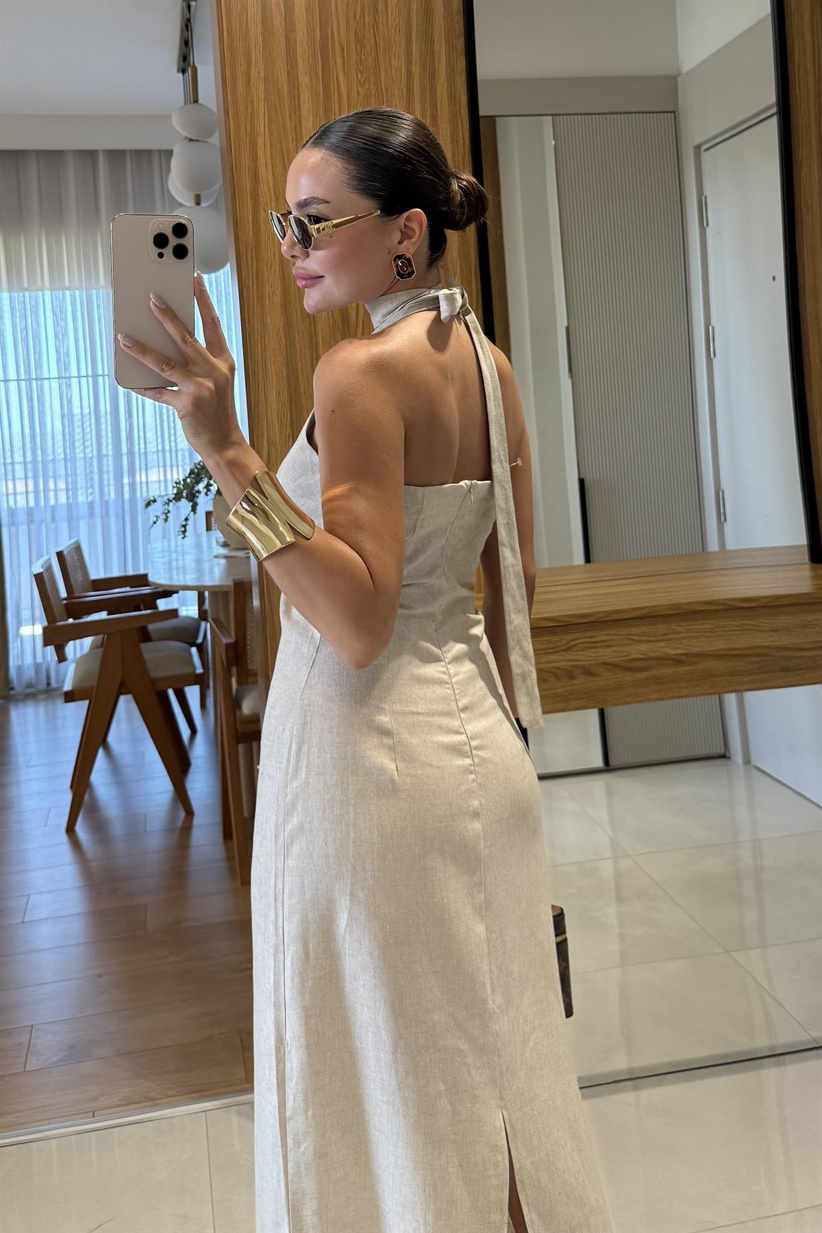 Monaco Taş Keten Tokalı Elbise 