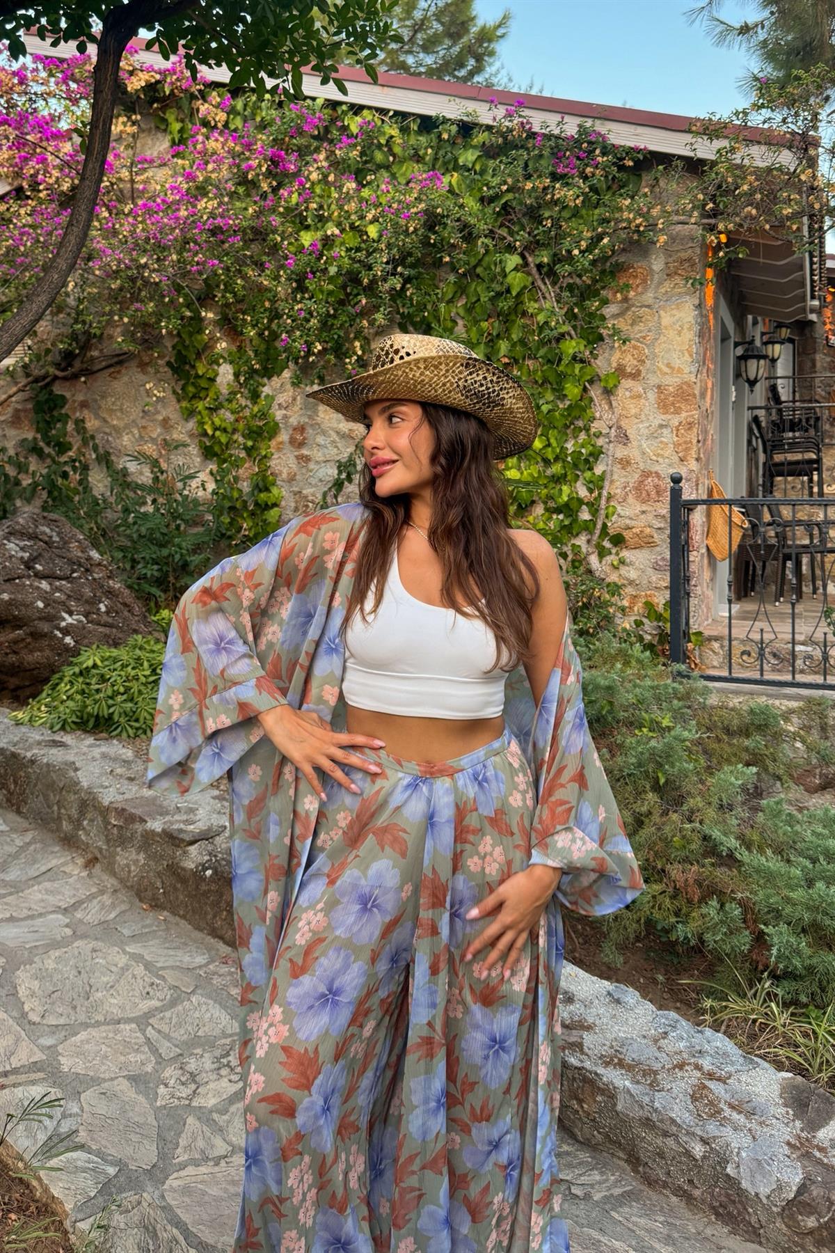 Moncada Mavi Şifon Kimonolu Takım