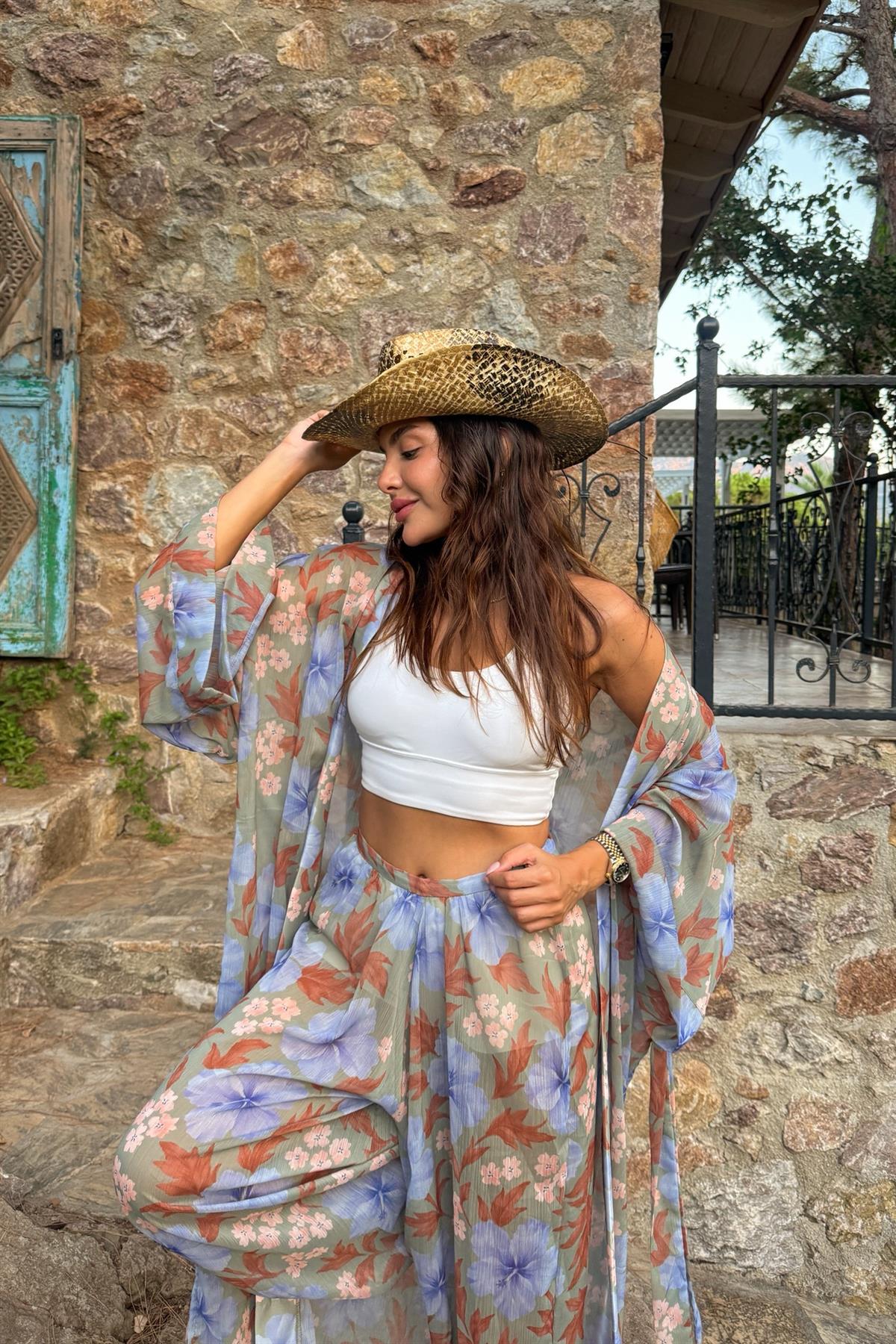 Moncada Mavi Şifon Kimonolu Takım