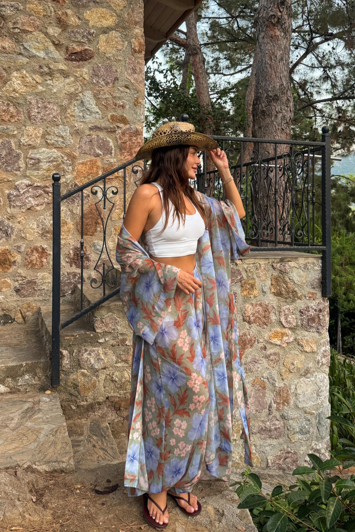 Moncada Mavi Şifon Kimonolu Takım