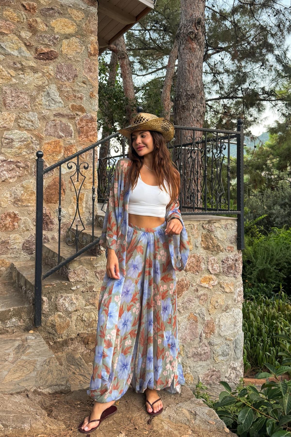 Moncada Mavi Şifon Kimonolu Takım