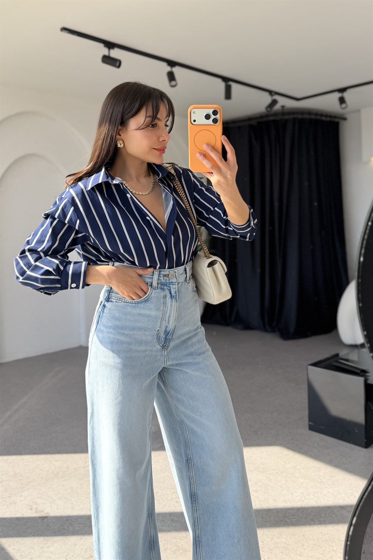 Monce Lacivert Çizgili Poplin Gömlek