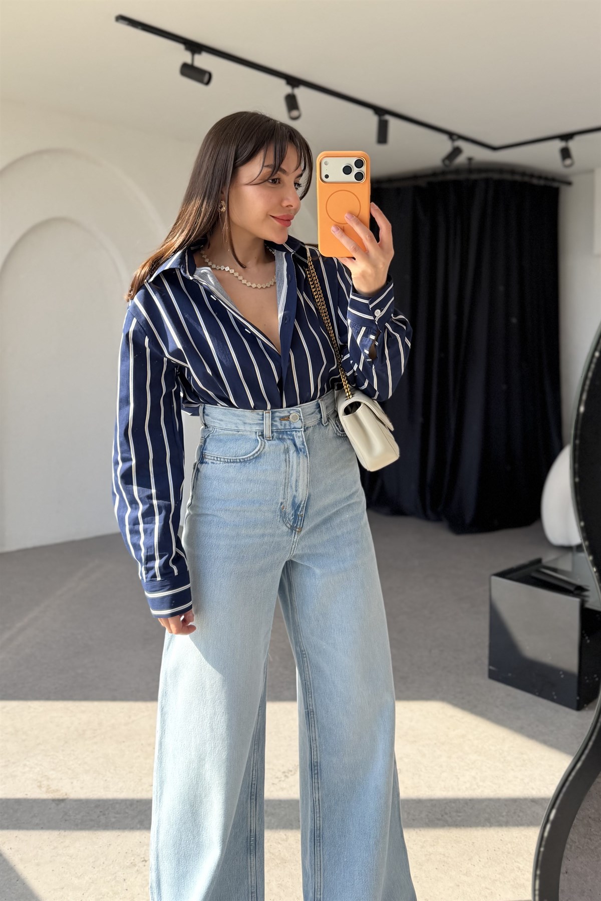 Monce Lacivert Çizgili Poplin Gömlek