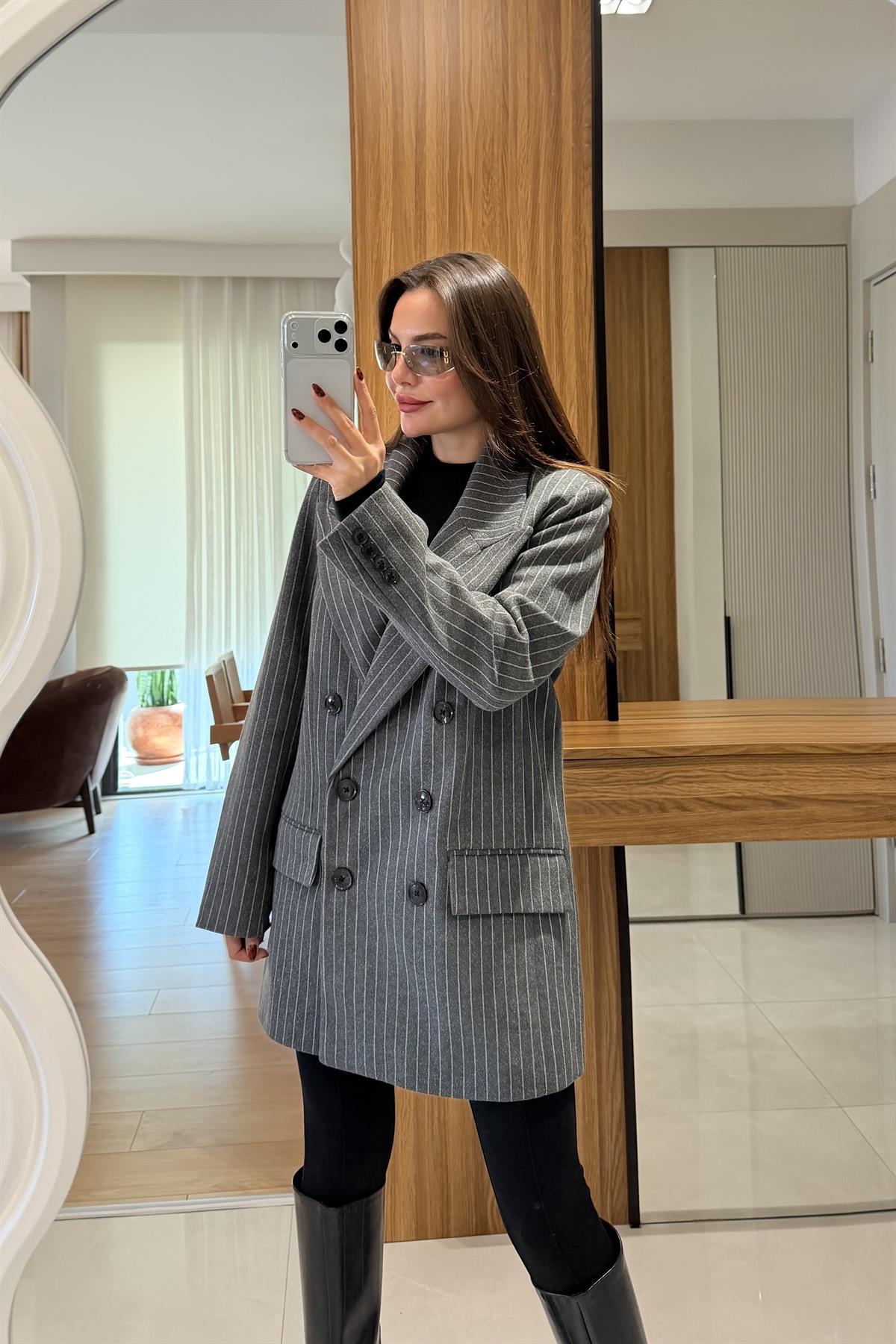 Monder Antrasit Çizgili Kaşe Blazer 