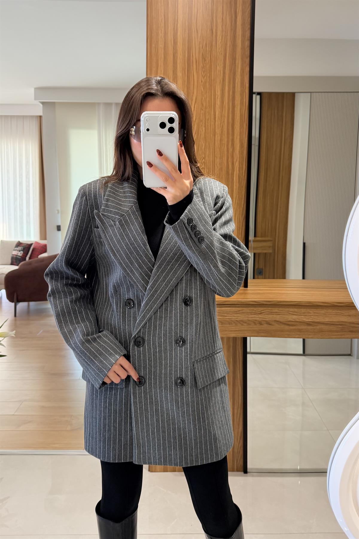 Monder Antrasit Çizgili Kaşe Blazer 