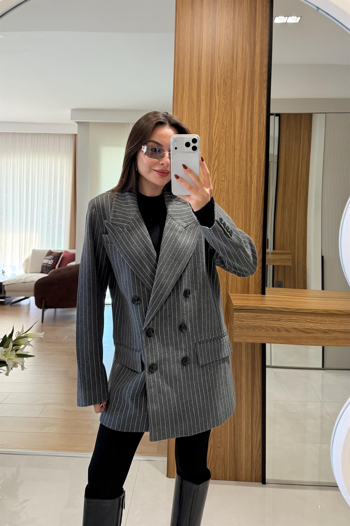 Monder Antrasit Çizgili Kaşe Blazer 