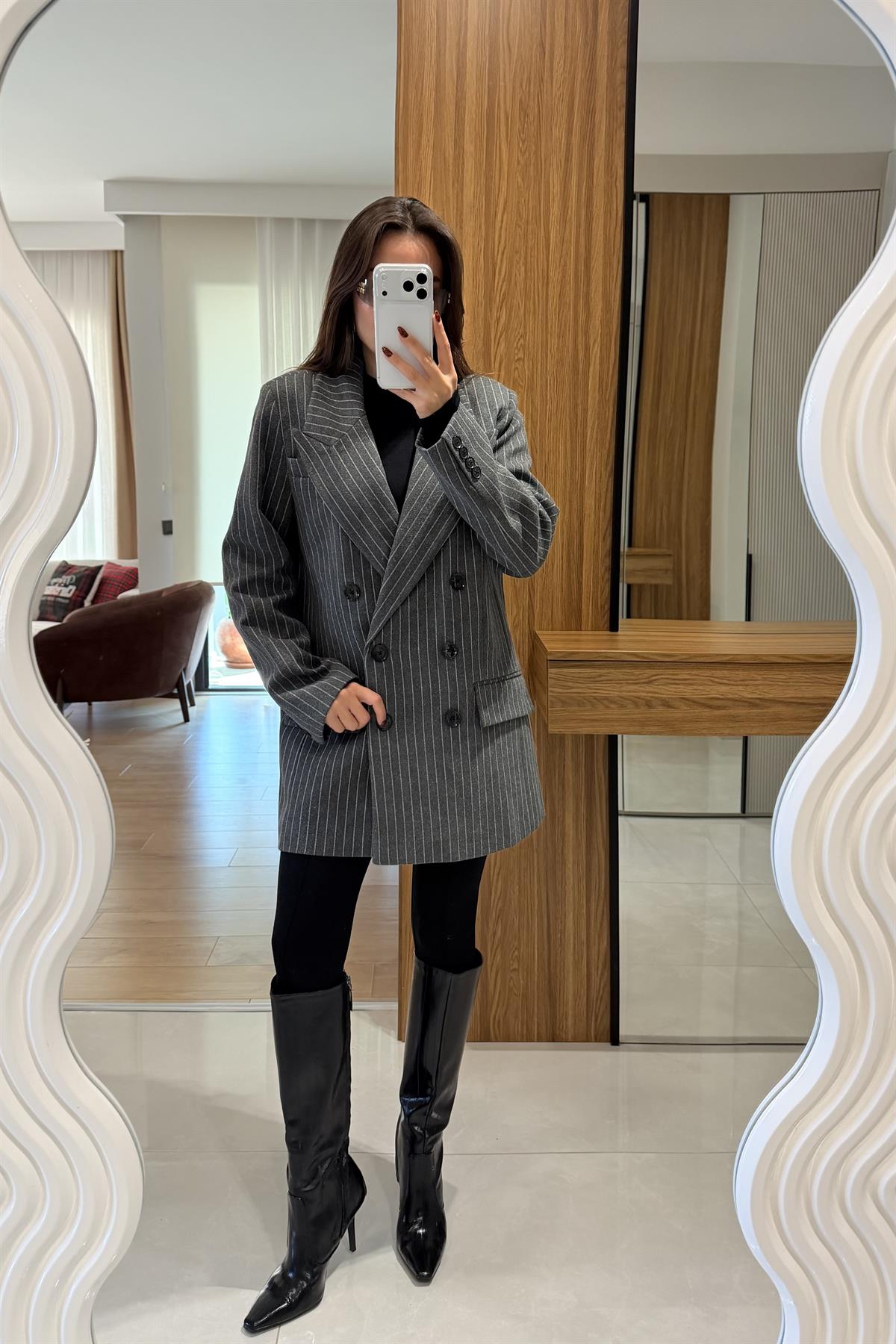 Monder Antrasit Çizgili Kaşe Blazer 