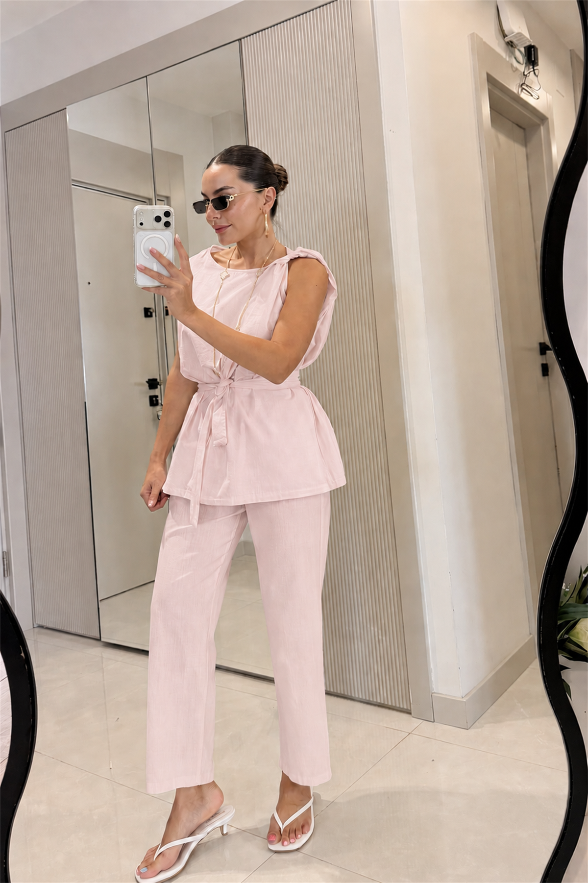 Mondo Pembe Keten Omuz Burmalı Takım