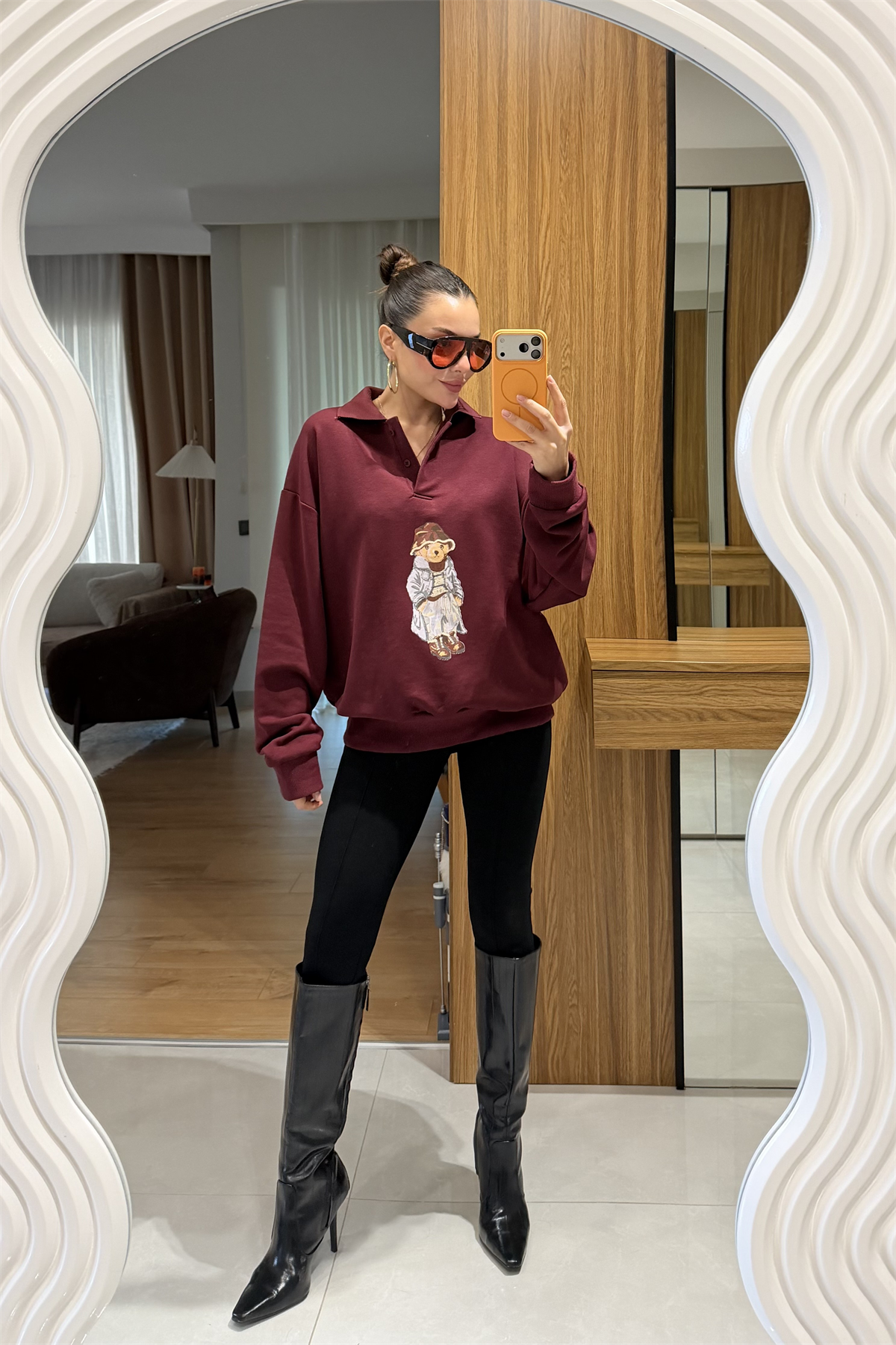 Monice Bordo Ayı Baskılı Şardonsuz Sweat 