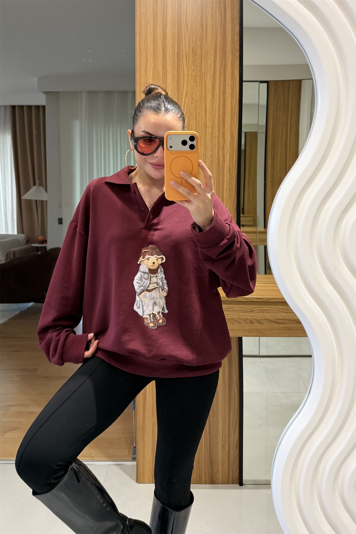 Monice Bordo Ayı Baskılı Şardonsuz Sweat 
