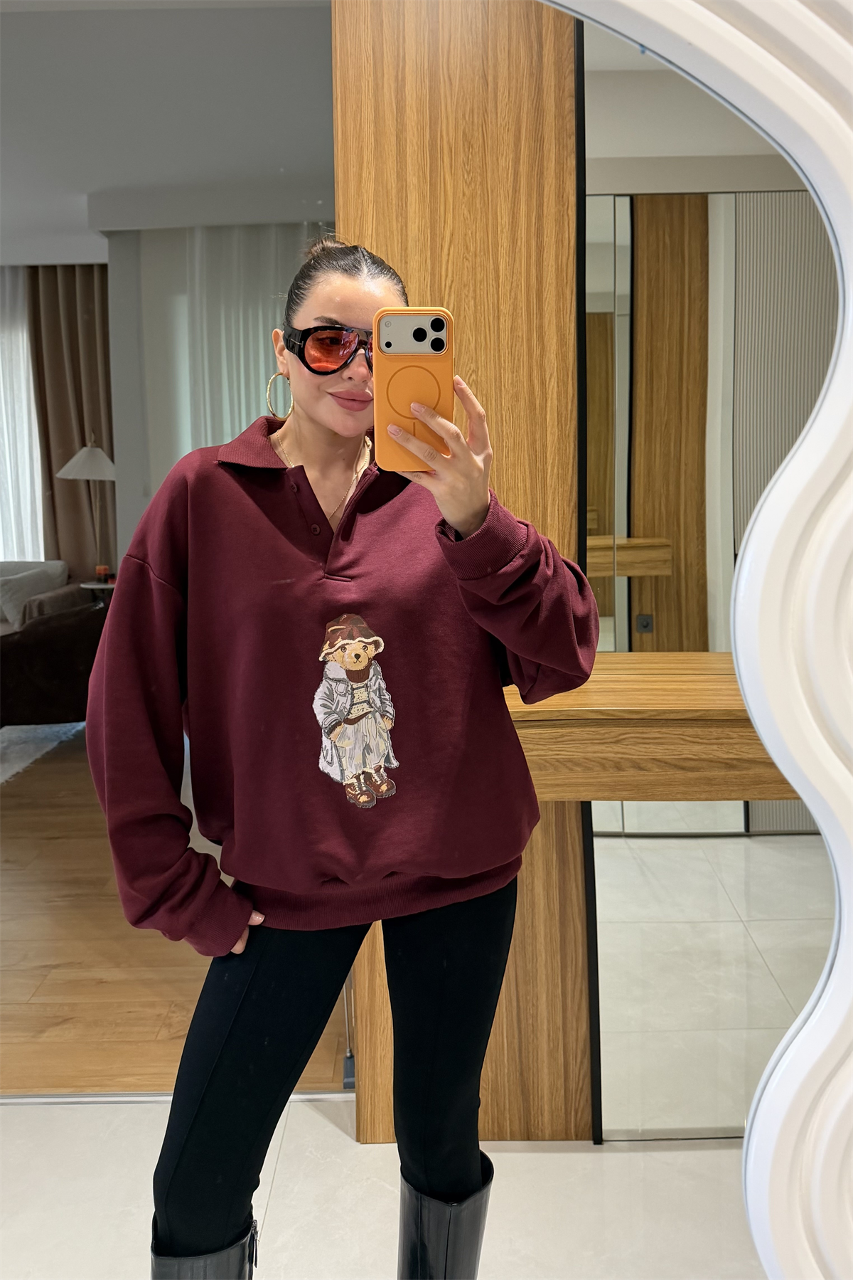 Monice Bordo Ayı Baskılı Şardonsuz Sweat 