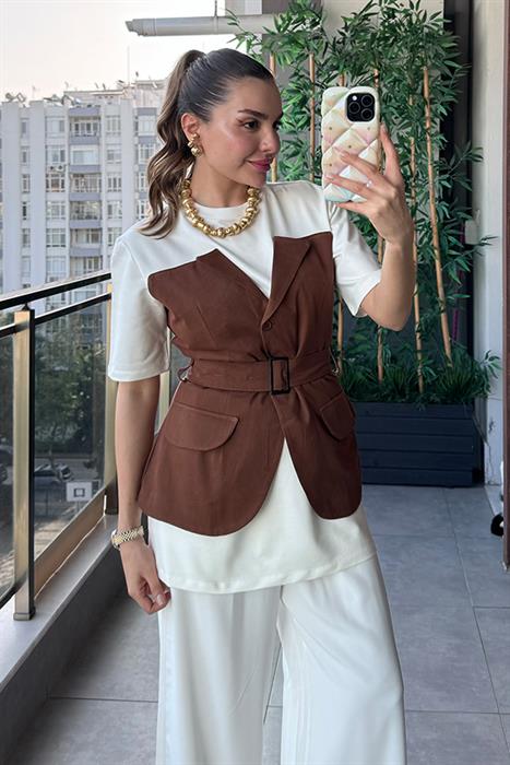 Monique Gabardin Garnili Yelekli Bluz - Kahverengi