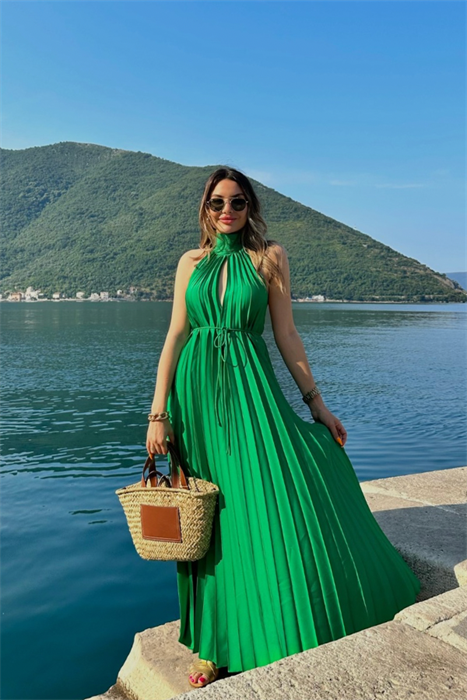 Montenegro Yeşil Sırt Dekolteli Elbise