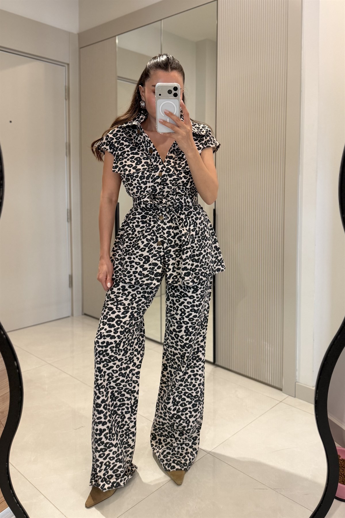 Monteria Leopar Kuşaklı Denim Takım