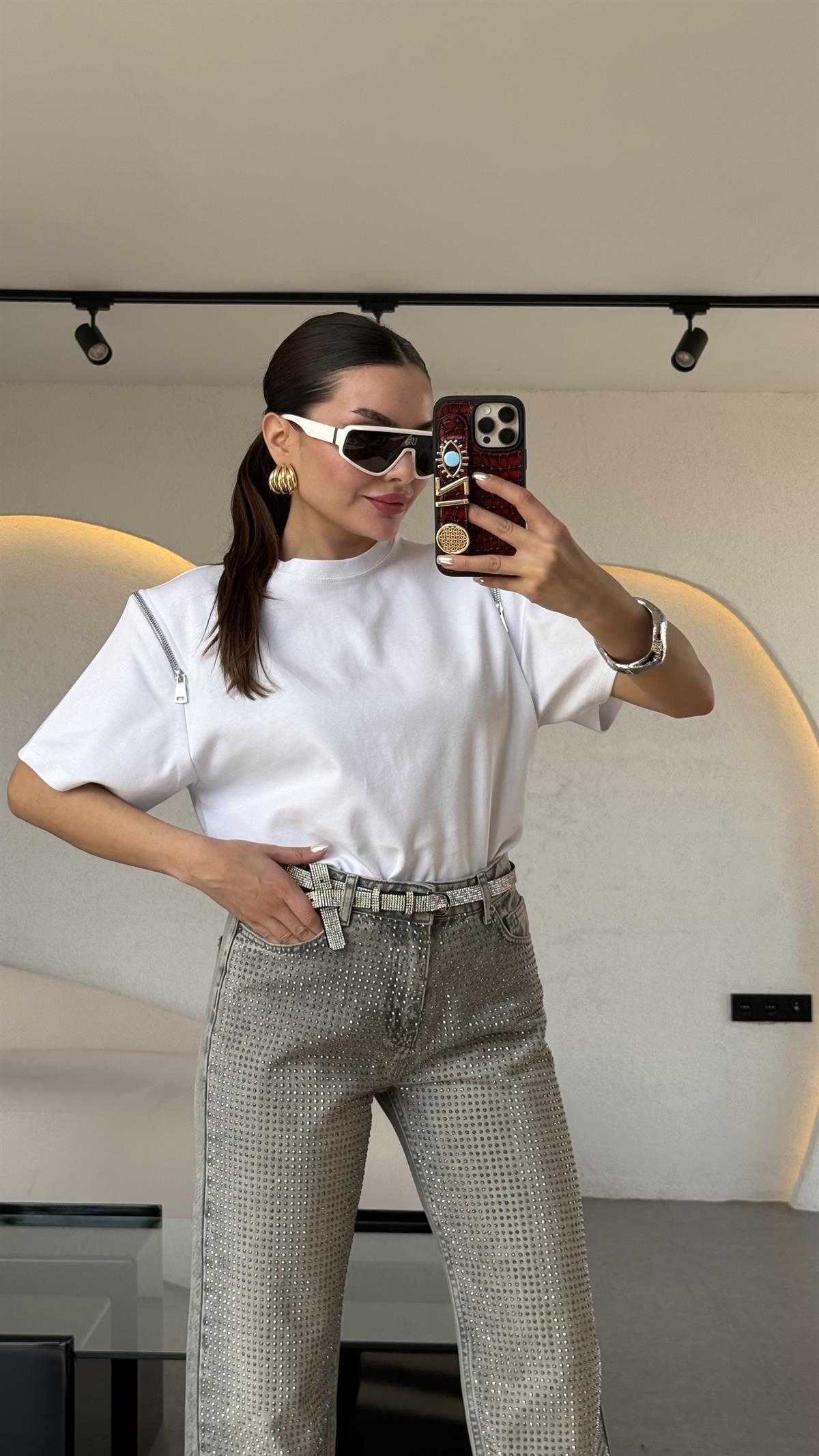 Montrose Beyaz Koldan Fermuarlı Tshirt
