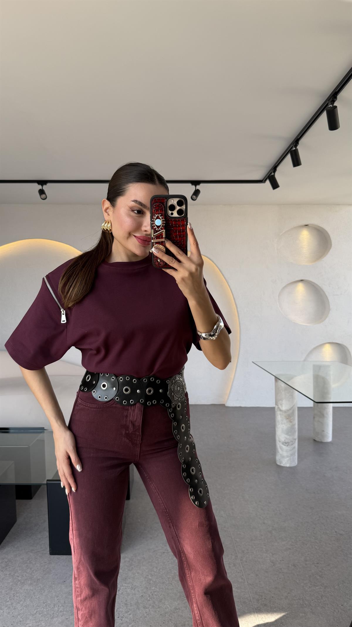 Montrose Bordo Koldan Fermuarlı Tshirt