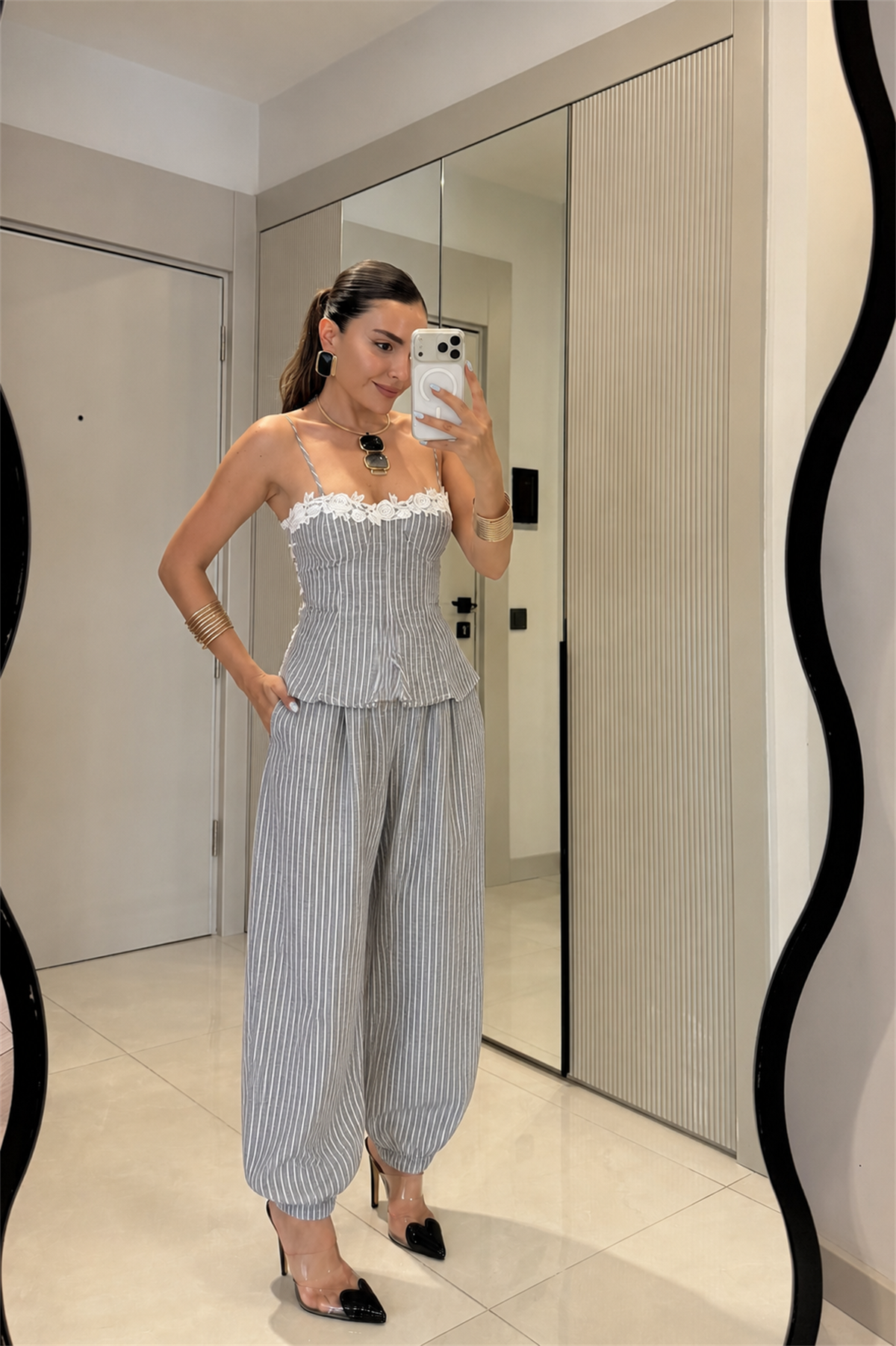 Moore Gri Çizgili Bluz Pantolon Takım