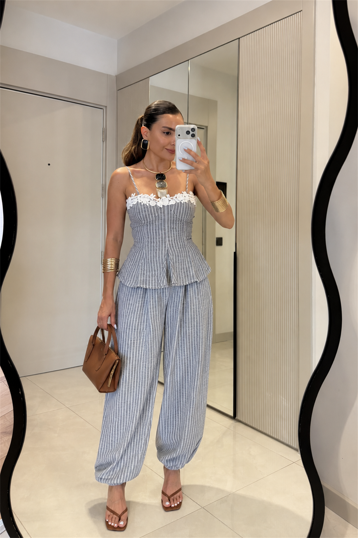 Moore Gri Çizgili Bluz Pantolon Takım