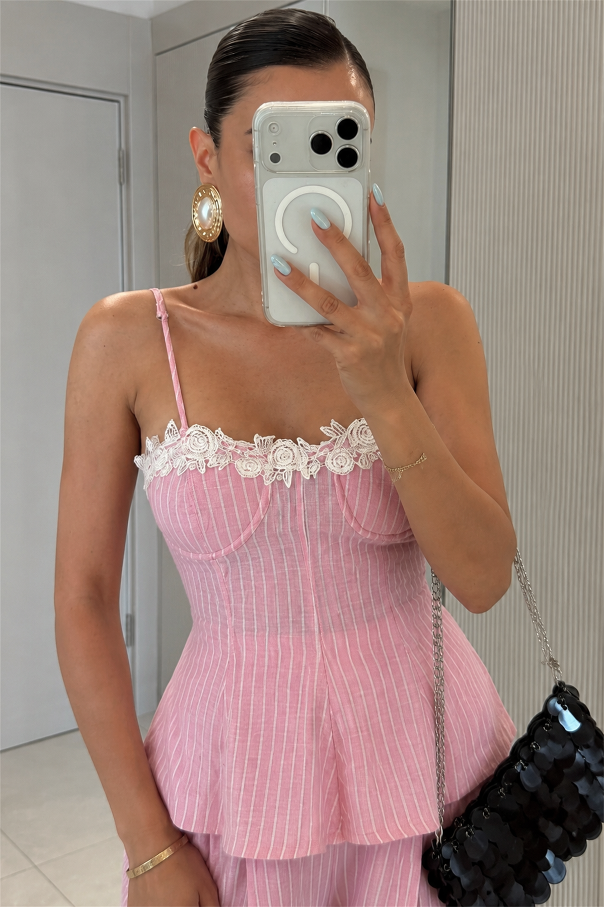 Moore Pembe Çizgili Bluz Pantolon Takım