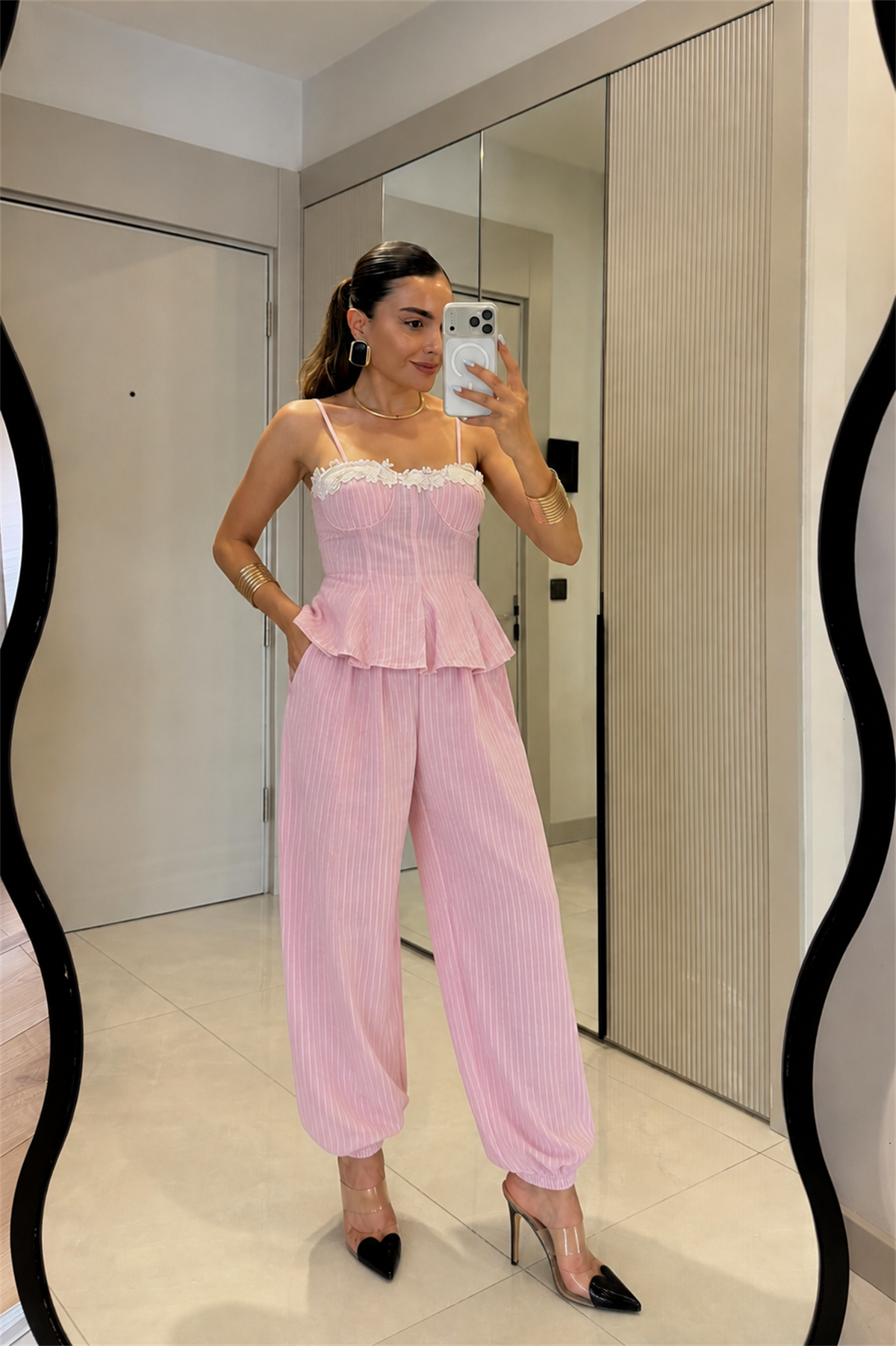 Moore Pembe Çizgili Bluz Pantolon Takım