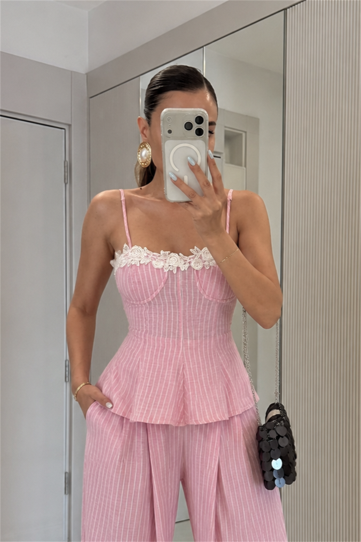 Moore Pembe Çizgili Bluz Pantolon Takım