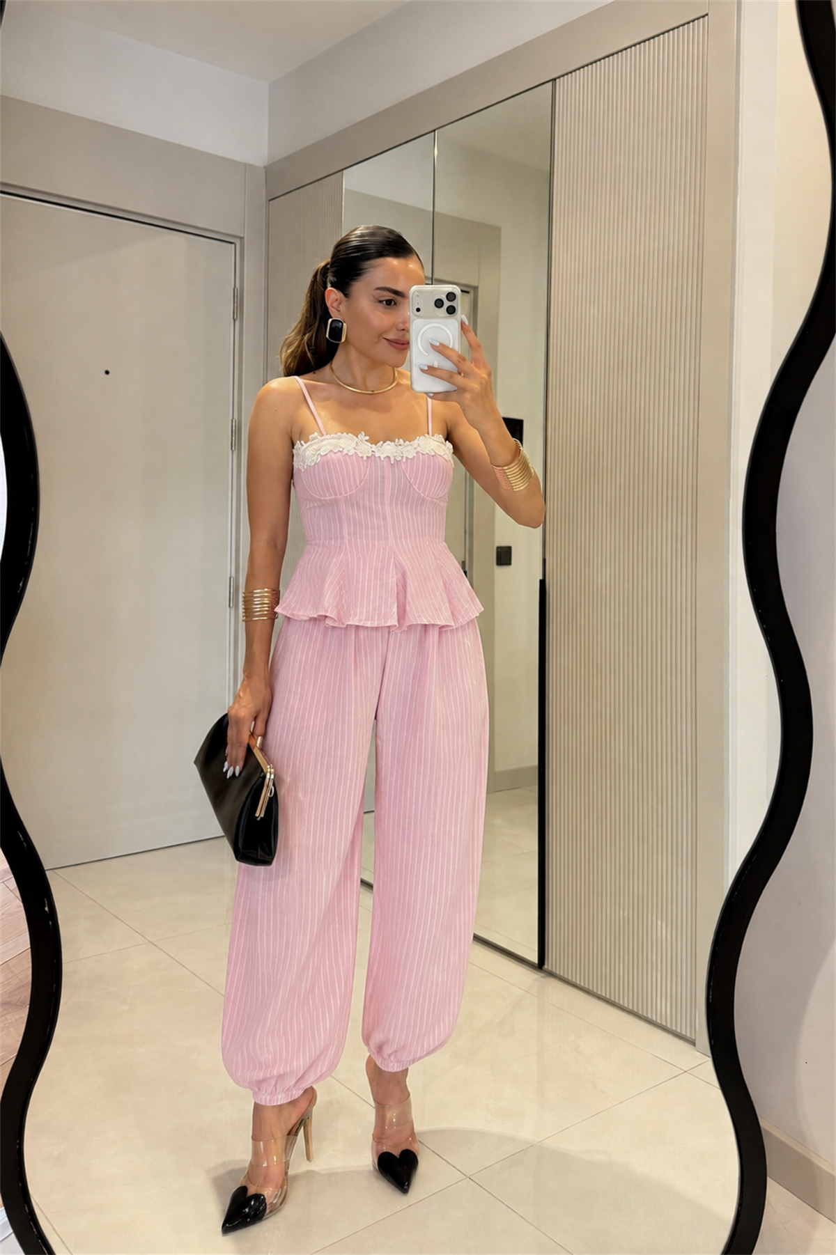 Moore Pembe Çizgili Bluz Pantolon Takım