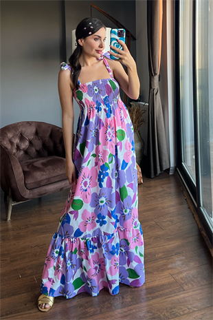 Mor çiçekli gipeli çiçekli elbise