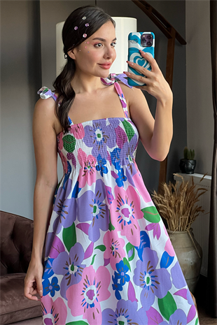 Mor çiçekli gipeli çiçekli elbise