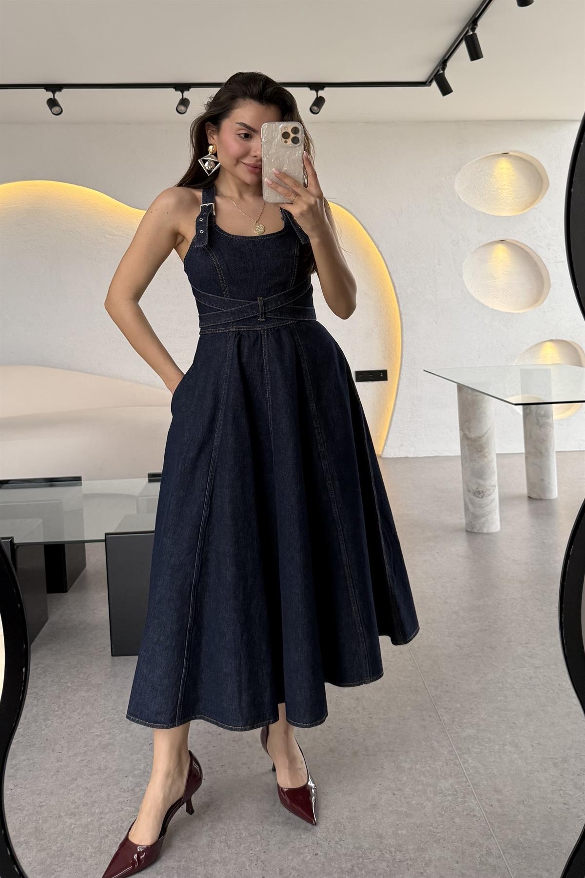 Moraes Denim Sırt Çapraz Midi Elbise